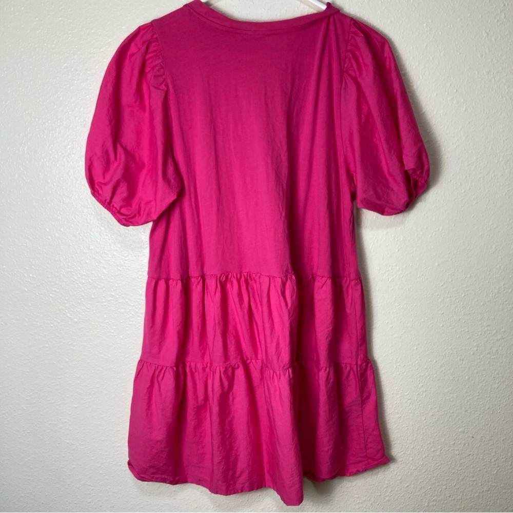ZARA Hot Pink Puff Sleeve Tiered Swing Mini Dress Women's Sz L Cotton - Picture 2 of 15